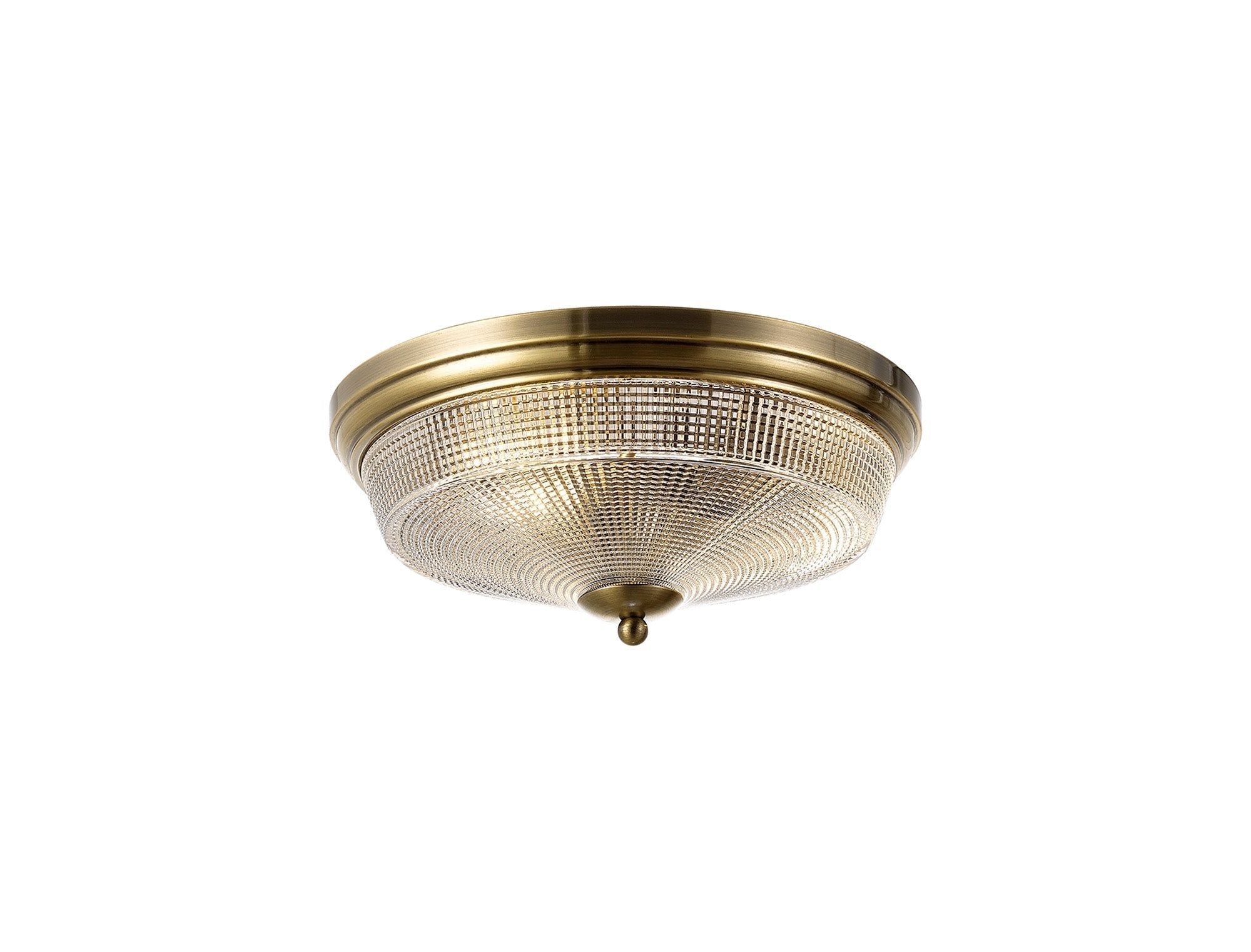 Cleron 2 Light E27 Flush Ceiling Light, Antique Brass, Satin Nickel, Polished Nickel / Prismatic Glass - Image 3