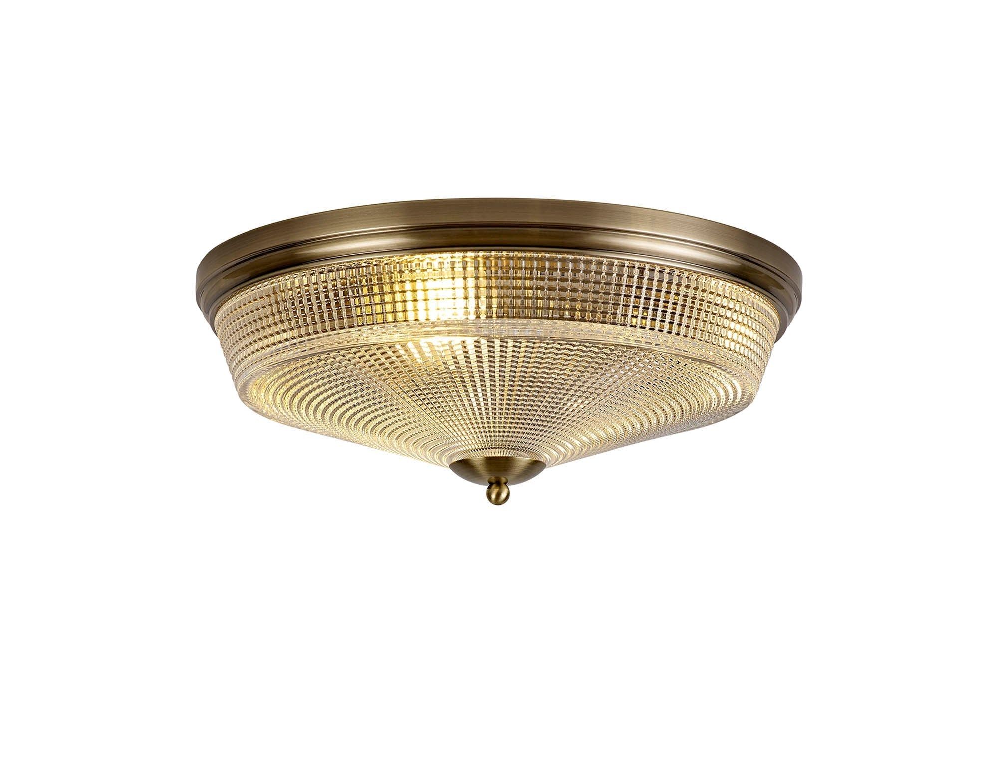 Cleron 2 Light E27 Flush Ceiling Light, Antique Brass, Satin Nickel, Polished Nickel / Prismatic Glass - Image 4