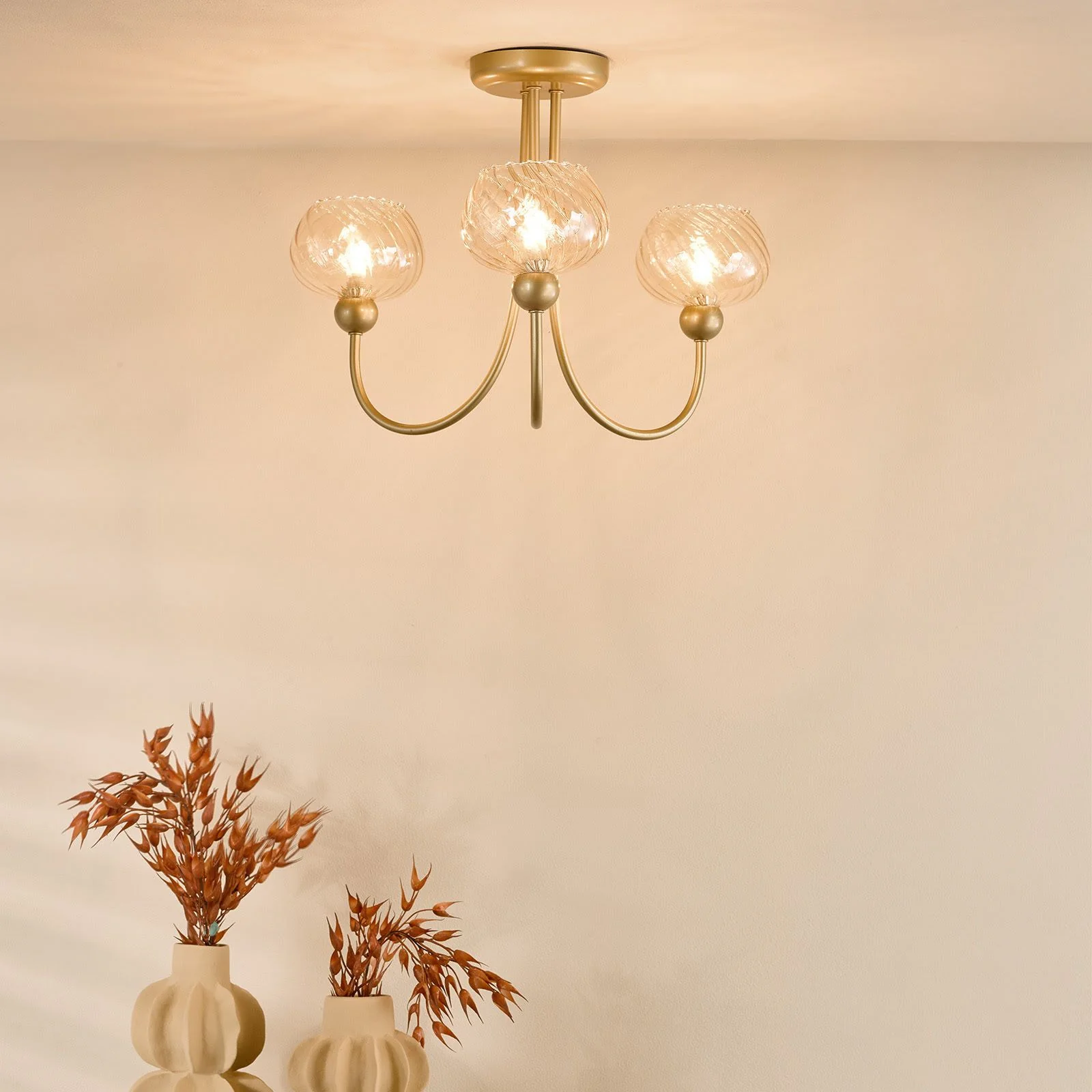 Cognac  3Lt/ 5Lt Semi-Flush Ceiling Light - Satin Gold and Champagne Ribbed Glass Finish - Image 4