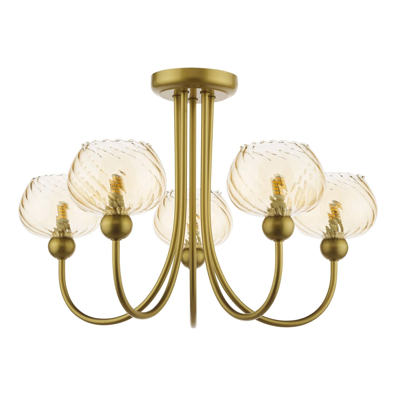 Cognac  3Lt/ 5Lt Semi-Flush Ceiling Light - Satin Gold and Champagne Ribbed Glass Finish - Image 6