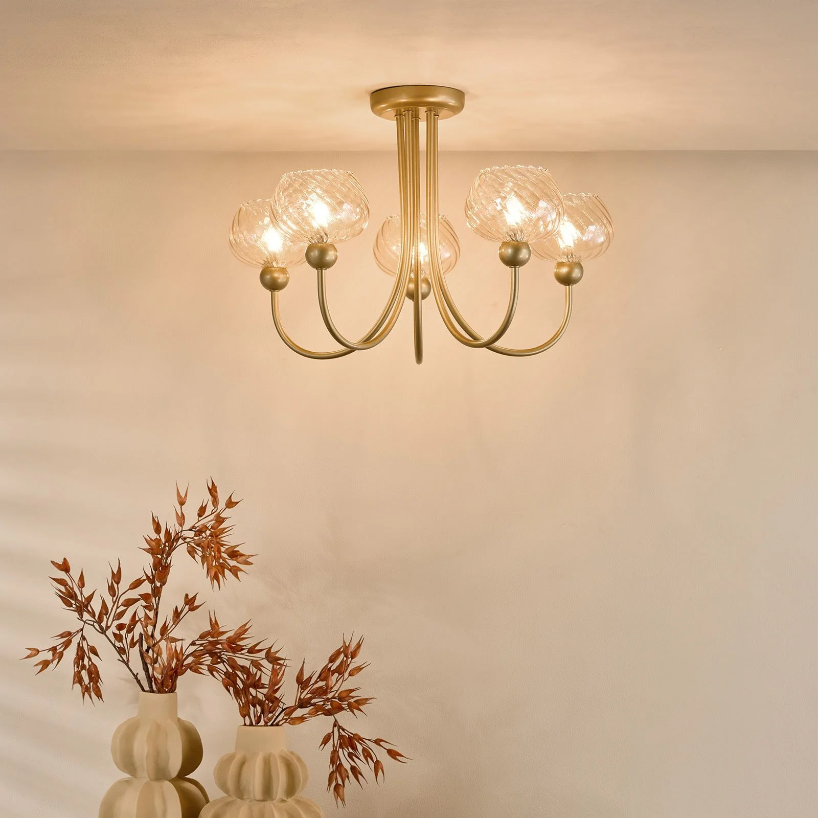 Cognac  3Lt/ 5Lt Semi-Flush Ceiling Light - Satin Gold and Champagne Ribbed Glass Finish - Image 8