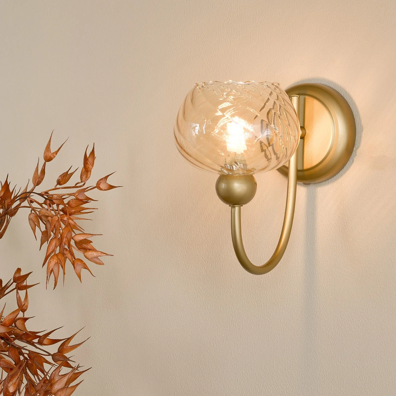 Cognac Wall Light- Satin Gold and Champagne Ribbed Glass - Image 3
