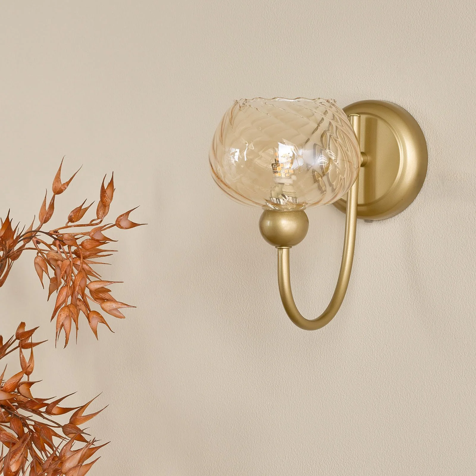 Cognac Wall Light- Satin Gold and Champagne Ribbed Glass - Image 4