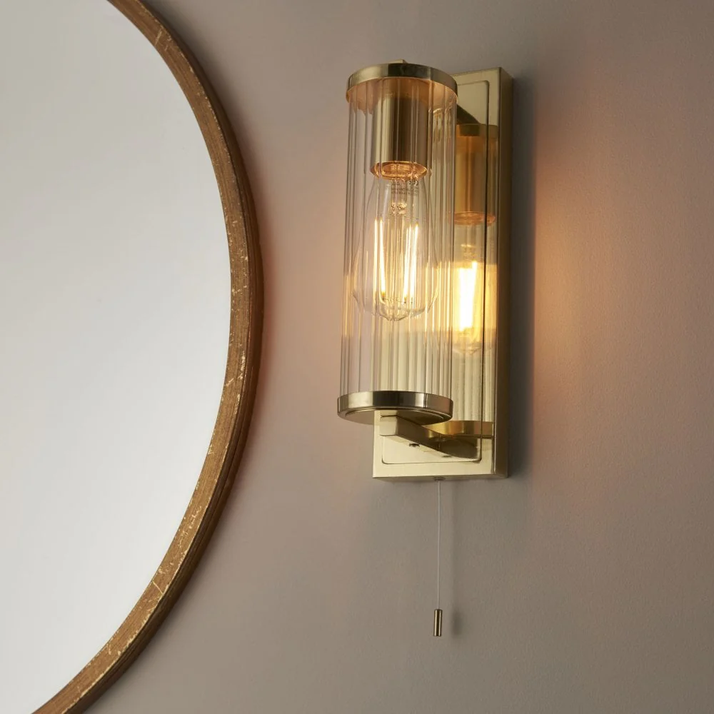 Cooper IP44 Bathroom Wall Light in Satin Brass/Dark Bronze/Chrome & Clear Ribbed Glass - Image 4