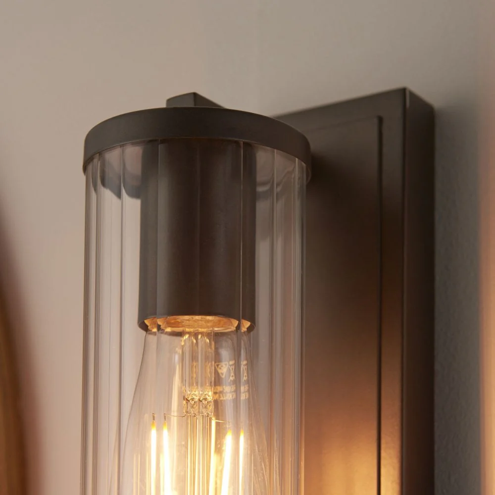 Cooper IP44 Bathroom Wall Light in Satin Brass/Dark Bronze/Chrome & Clear Ribbed Glass - Image 6
