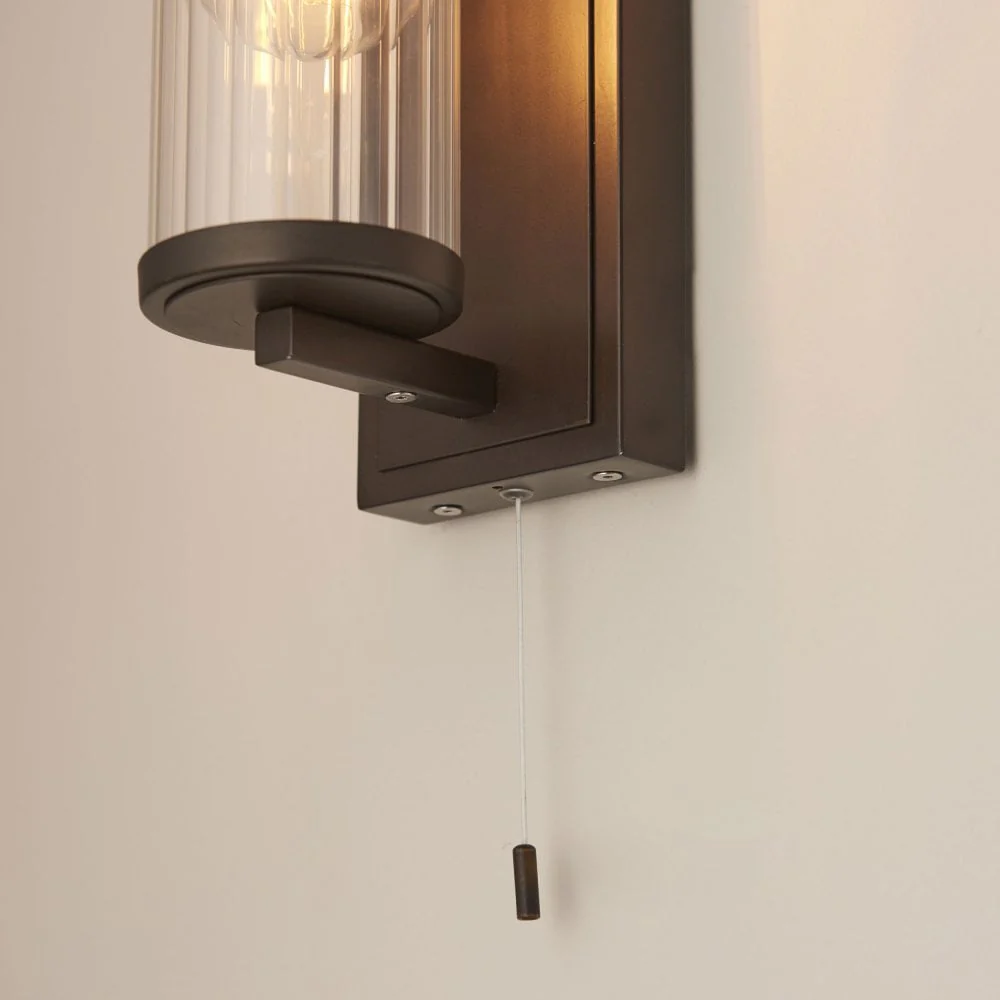 Cooper IP44 Bathroom Wall Light in Satin Brass/Dark Bronze/Chrome & Clear Ribbed Glass - Image 7