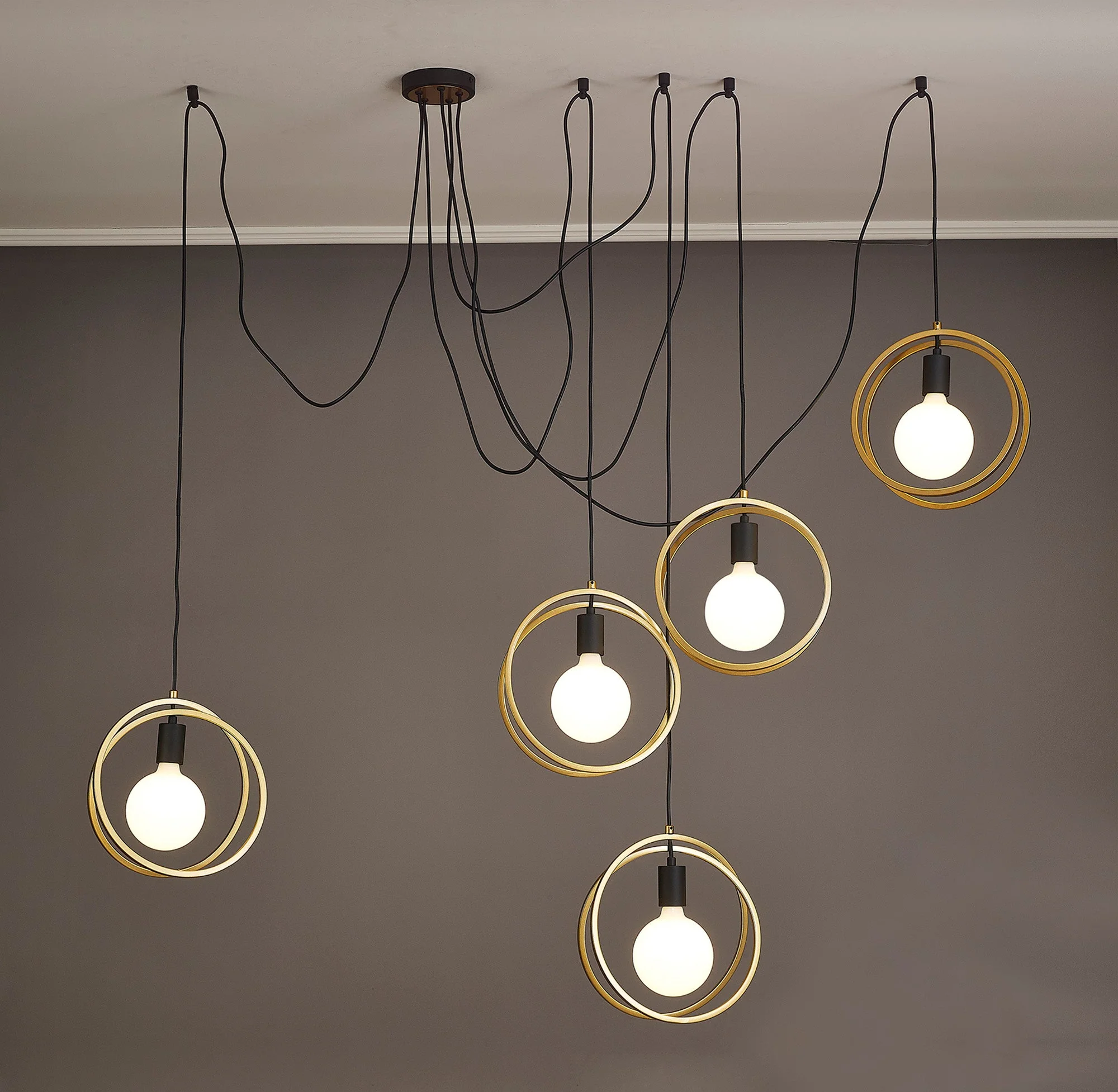 Corfu Double Ring Cluster Ceiling Light, 3/5 Light E27, Matt Black & Painted Gold, G95 & 120 Lamp Recommended - Image 7