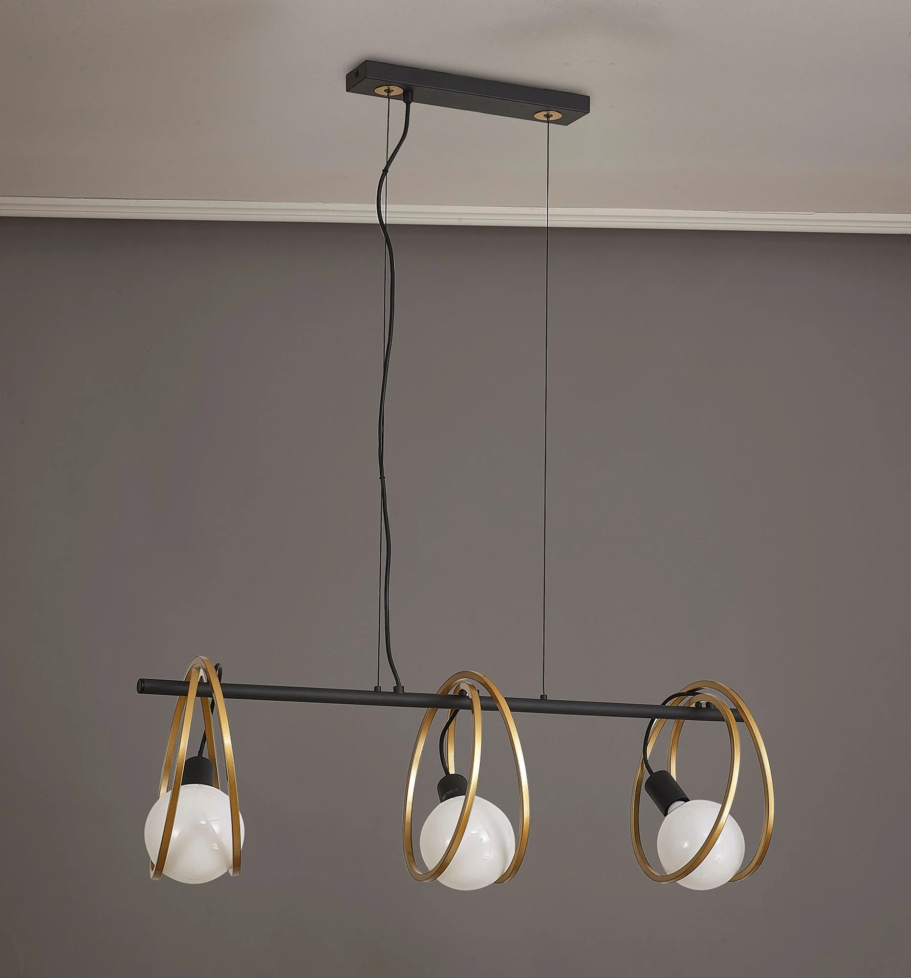 Corfu Double Ring Kitchen Table/Island Light, 3 Light E27, Matt Black  &  Painted Gold, G95 & 120 Lamp Recommended - Image 2