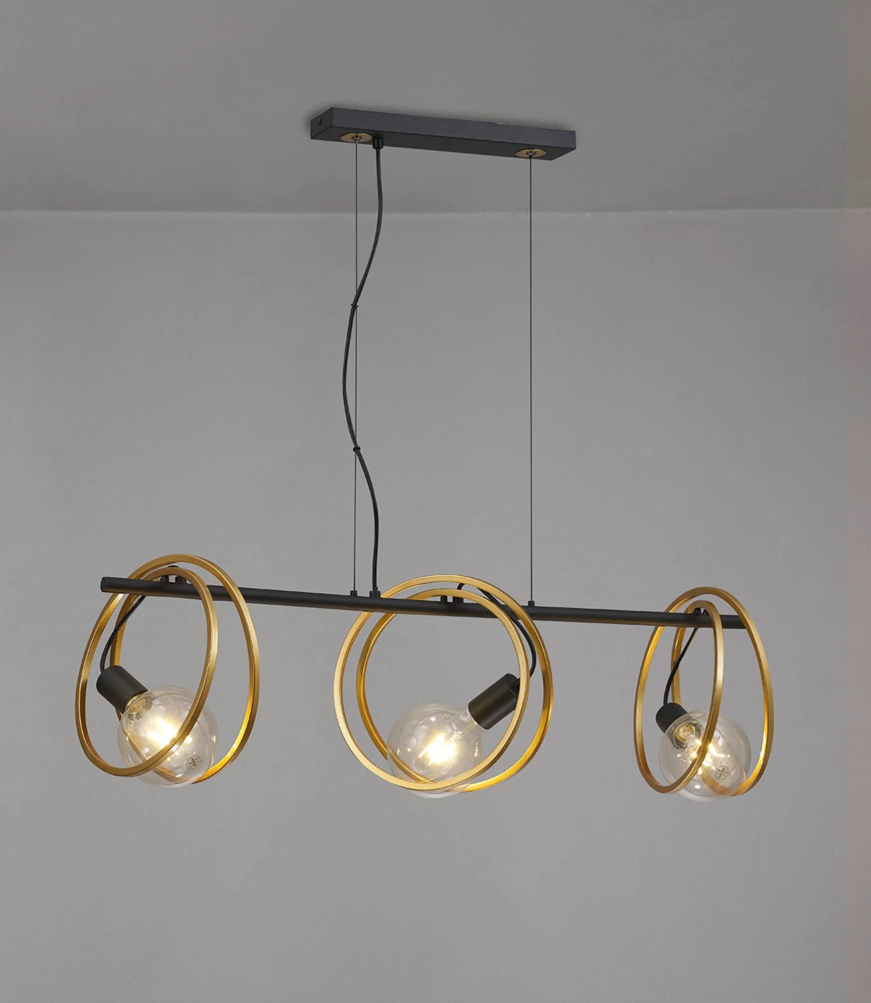 Corfu Double Ring Kitchen Table/Island Light, 3 Light E27, Matt Black  &  Painted Gold, G95 & 120 Lamp Recommended - Image 3