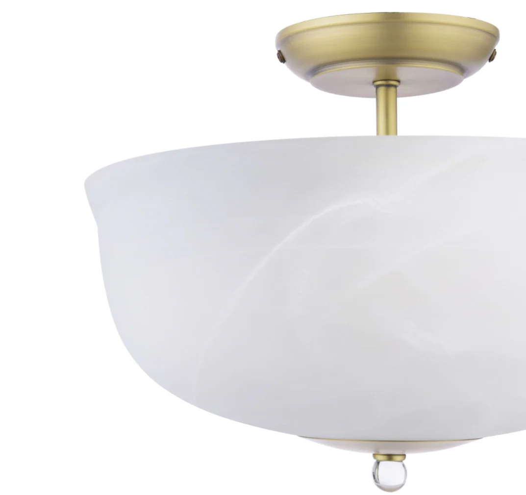 Cossington 2 Lt Semi-Flush Light - Matt Antique Brass and White Marble Effect Glass - Image 2
