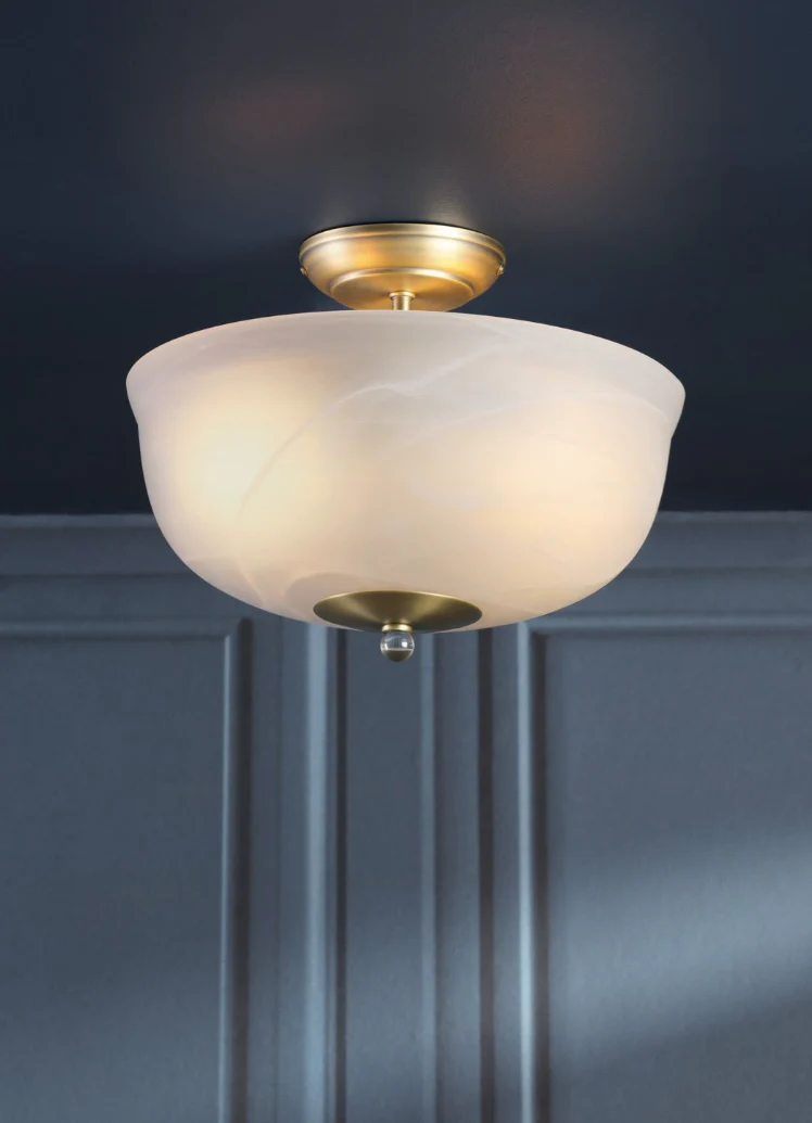 Cossington 2 Lt Semi-Flush Light - Matt Antique Brass and White Marble Effect Glass - Image 4