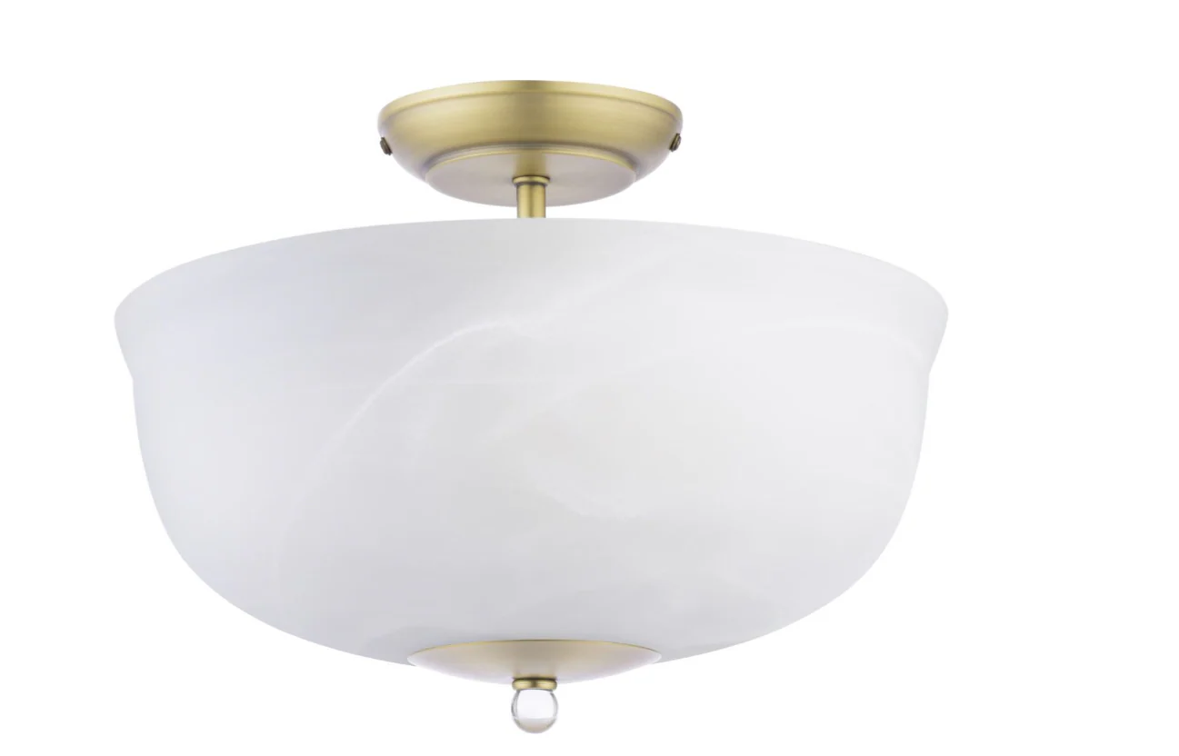 Cossington 2 Lt Semi-Flush Light - Matt Antique Brass and White Marble Effect Glass - Image 6