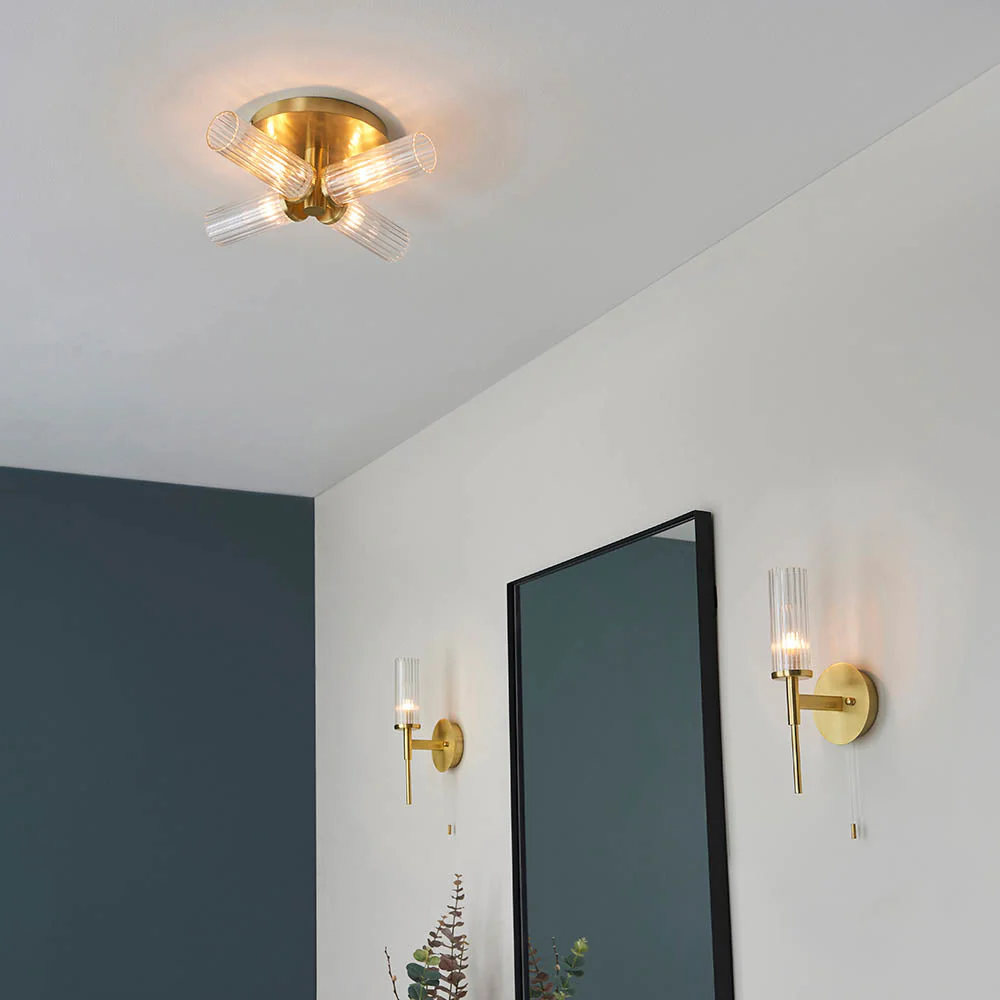 Crete 4lt Semi Flush Bathroom Ceiling Light IP44, Satin Brass - Promotional Offer - Image 3