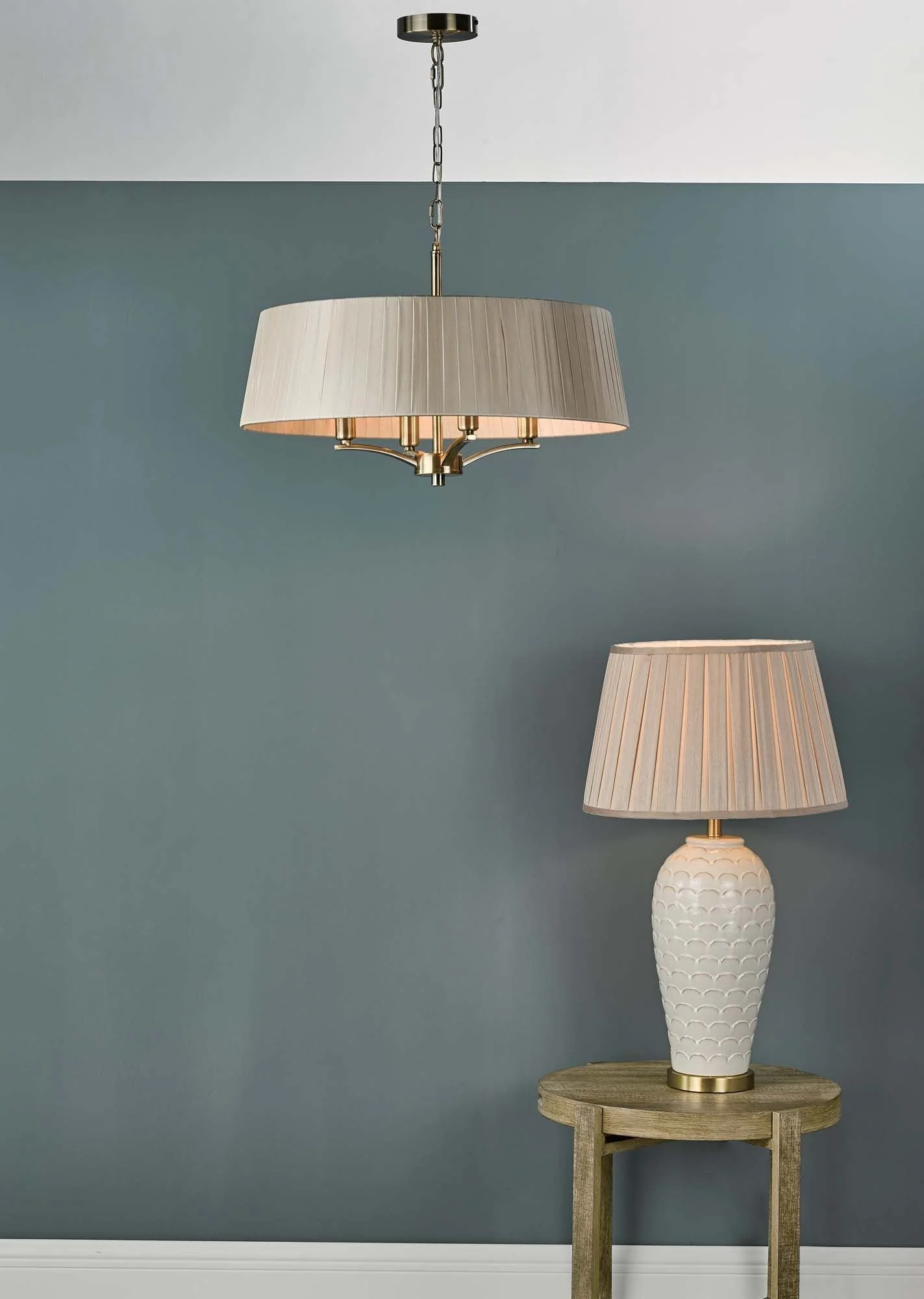 Cristin 4 Light Hanging Shade Ceiling Lights - Antique Brass & Taupe/Satin Brass Finish - Image 2