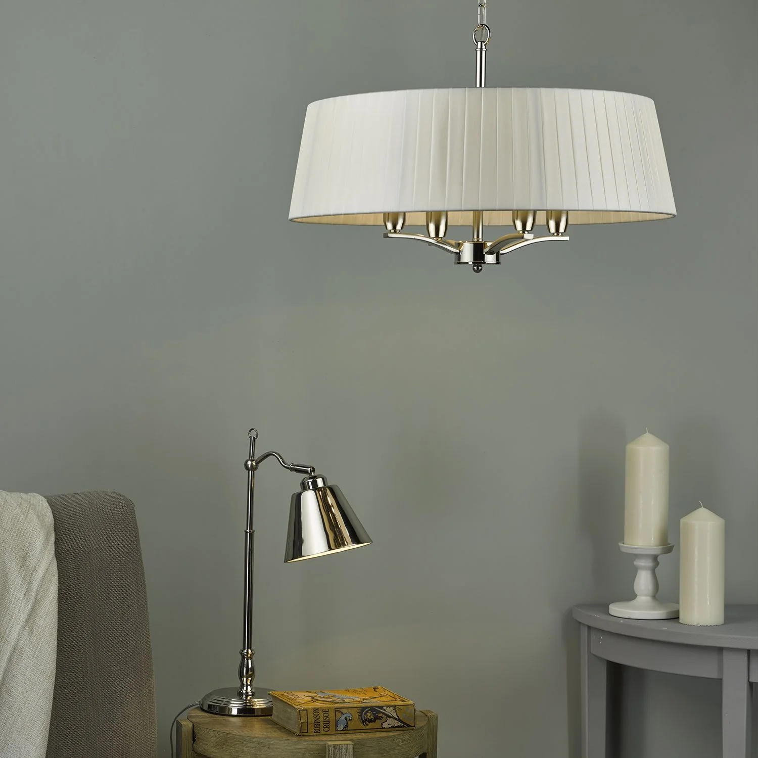 Cristin 4 Light Hanging Shade Ceiling Lights - Antique Brass & Taupe/Satin Brass Finish - Image 4