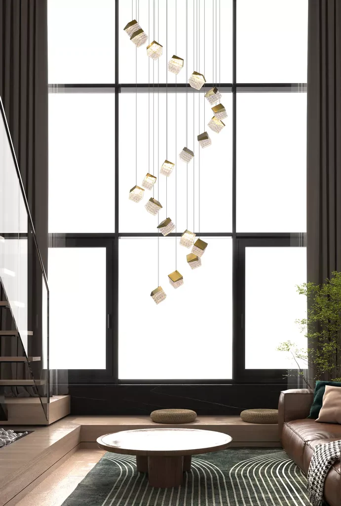 Cuboid 5Lt/20lt LED Multi Drop Pendant- Satin Brass - Image 4