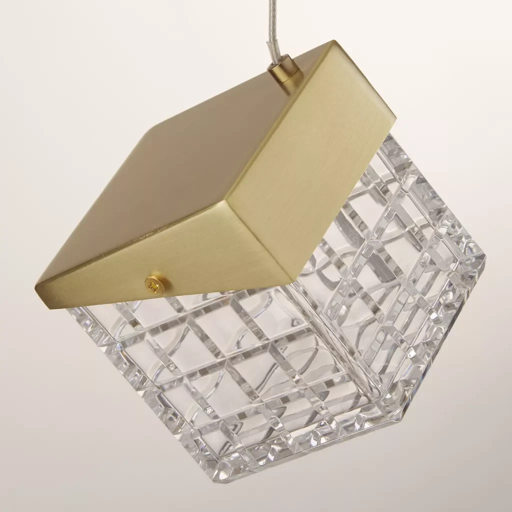Cuboid LED Pendant- Satin Brass Metal with Clear Acrylic - Image 3
