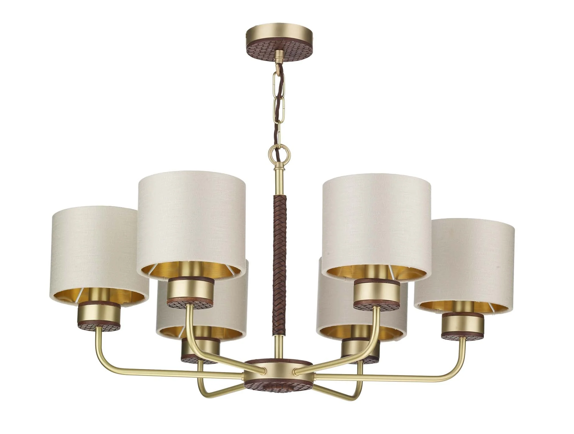 Hunter 6 Light Multi-Arm Pendant Butter Brass With Leather Effect Complete With Limestone Linen Shades And Gold Lining - Image 2