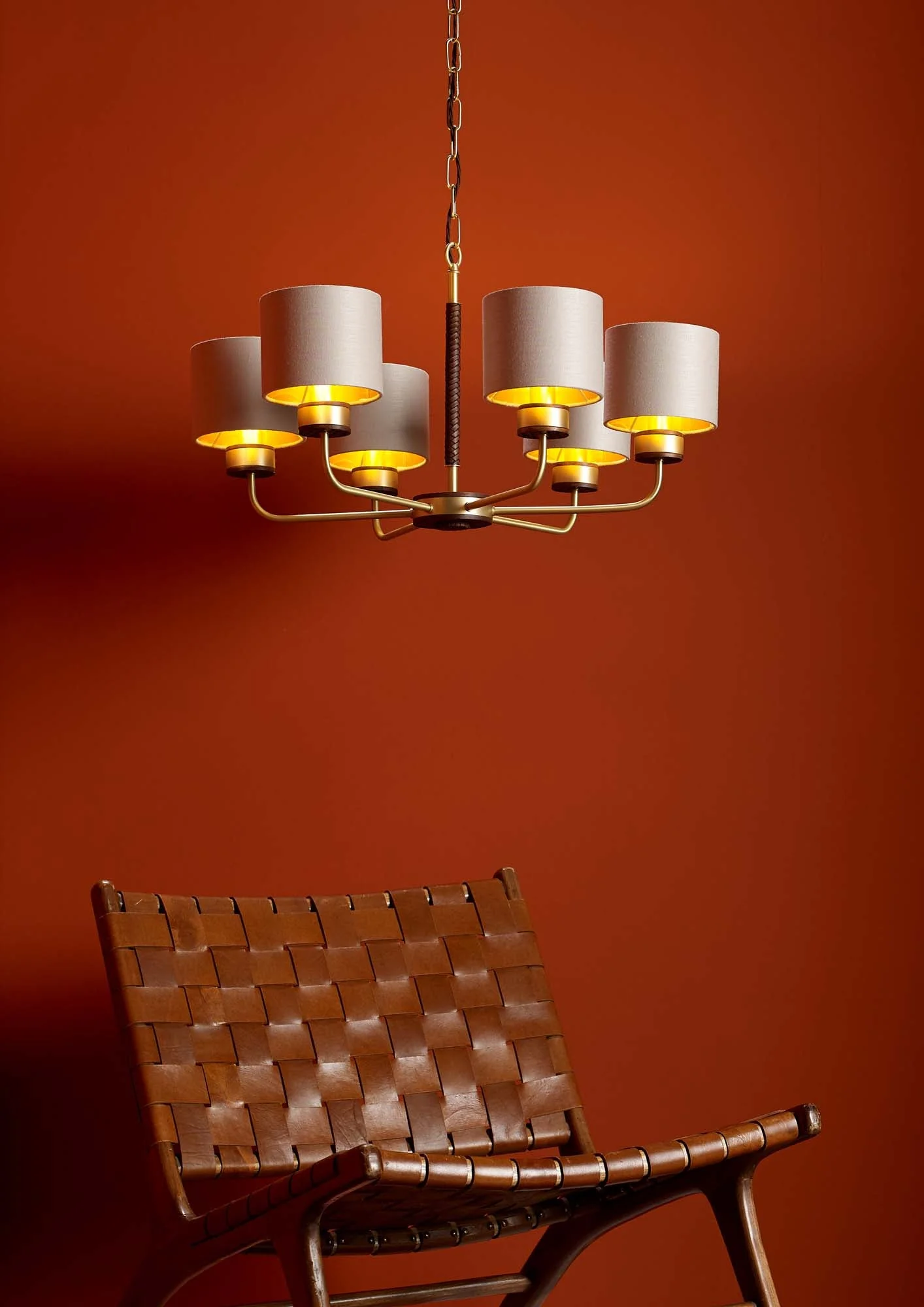 Hunter 6 Light Multi-Arm Pendant Butter Brass With Leather Effect Complete With Limestone Linen Shades And Gold Lining - Image 4