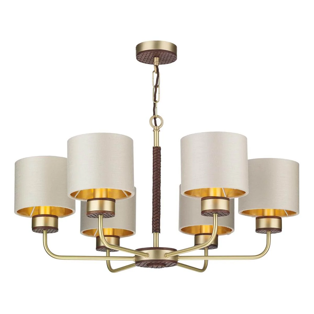 Hunter 6 Light Multi-Arm Pendant Butter Brass With Leather Effect Complete With Limestone Linen Shades And Gold Lining - Image 5