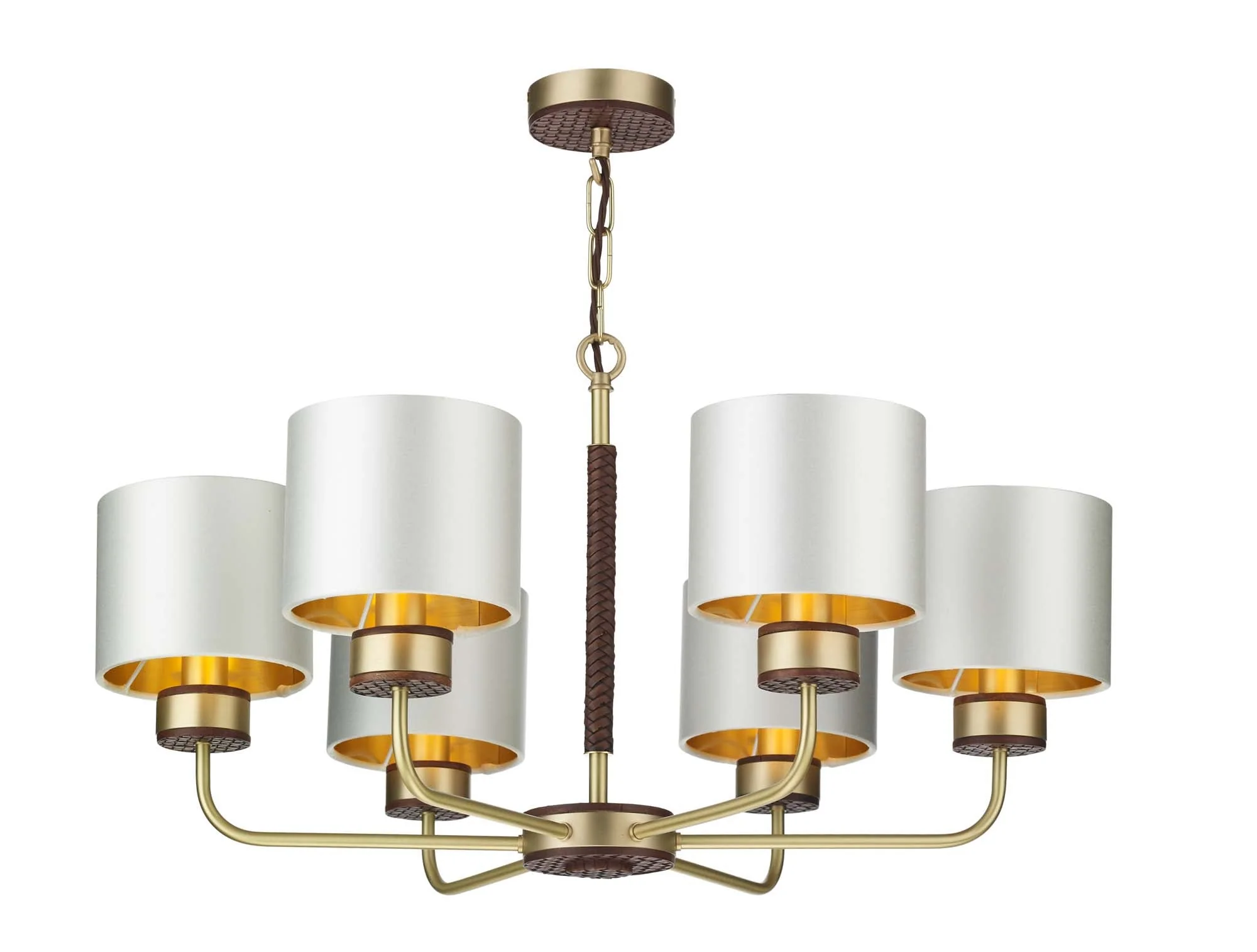 Hunter 6 Light Multi-Arm Pendant Butter Brass With Leather Effect Complete With Limestone Linen Shades And Gold Lining - Image 7