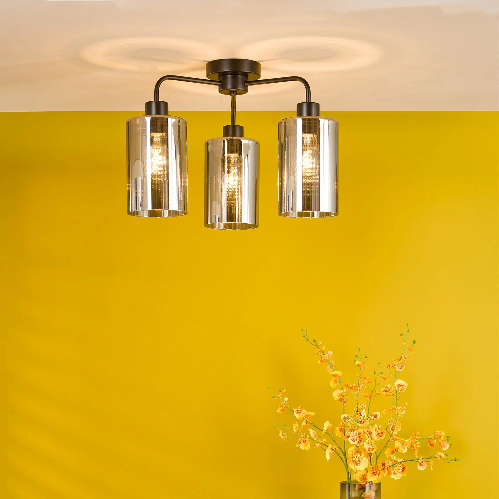 Daylin Semi-Flush 3 Light - Satin Black/ Satin Gold w Ribbed Glass - Image 4