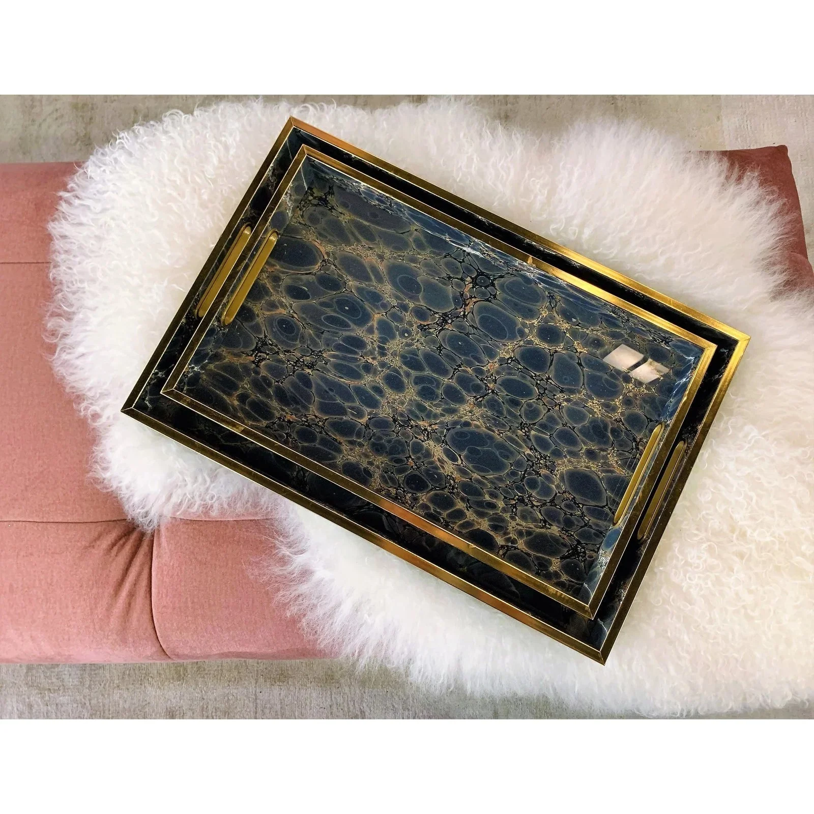 Deep Blue Serving Tray Set of 2 - Deep Navy & Gold Finish - Image 2