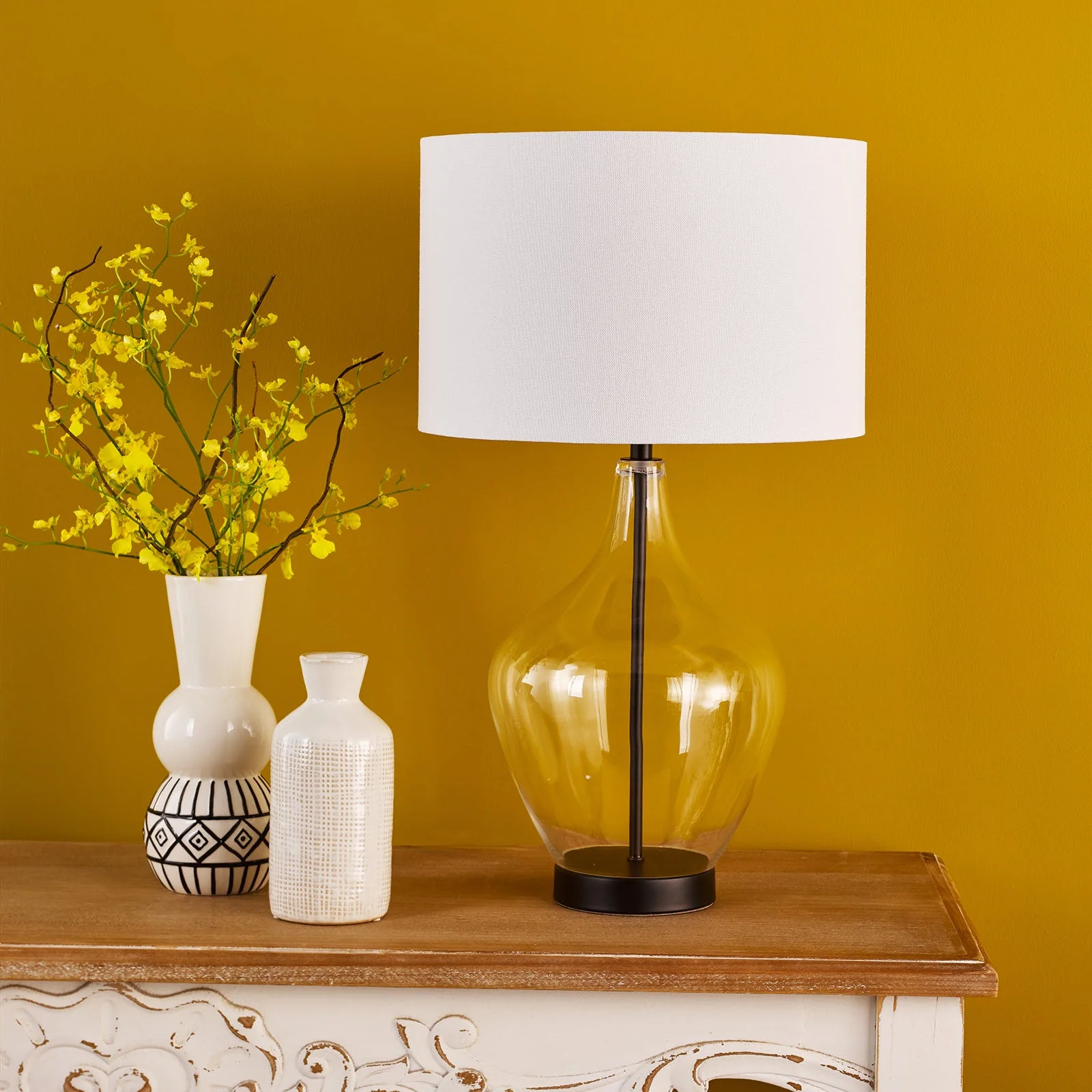 Drago Table Lamp Glass and Matt Black With Shade E27 - Image 6