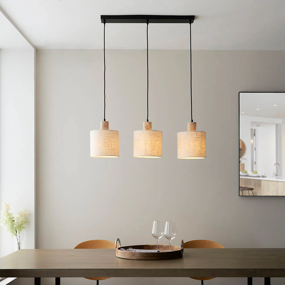 Durban 3lt Linear Pendant - Natural Linen & Wood - Image 2