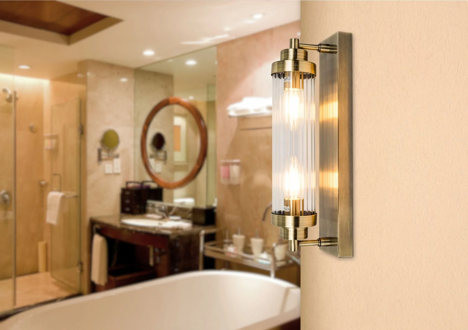 Edith 2 Light IP44 Bathroom Wall Light Satin Chrome/Antique Brass - Image 4