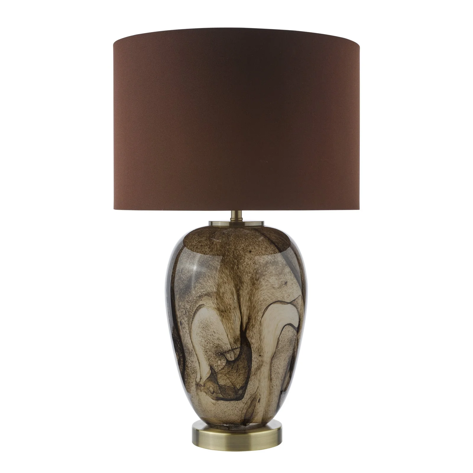 Egas Table Lamp Brown Marble Effect Glass and Antique Brass With Shade E27 - Image 2