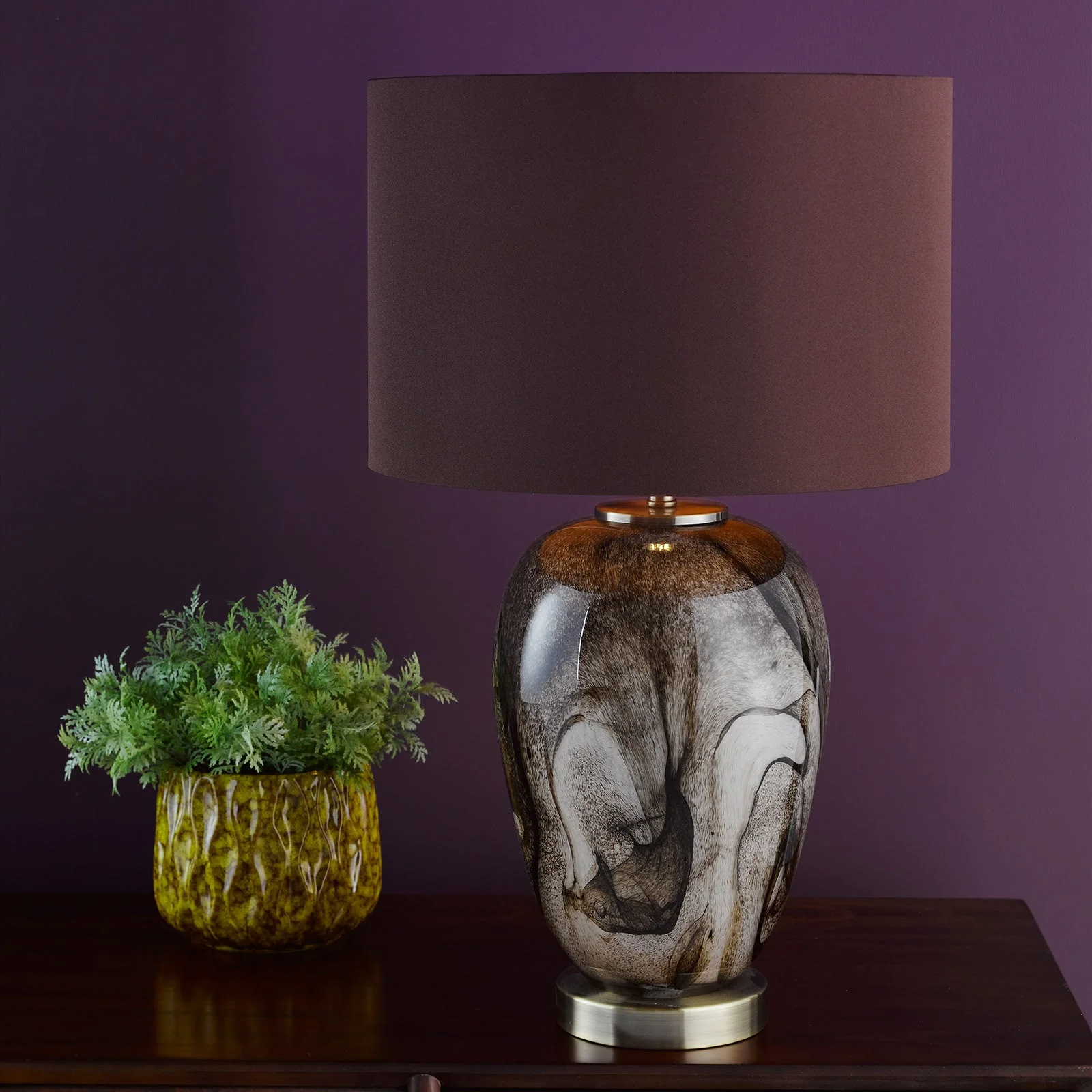 Egas Table Lamp Brown Marble Effect Glass and Antique Brass With Shade E27 - Image 5