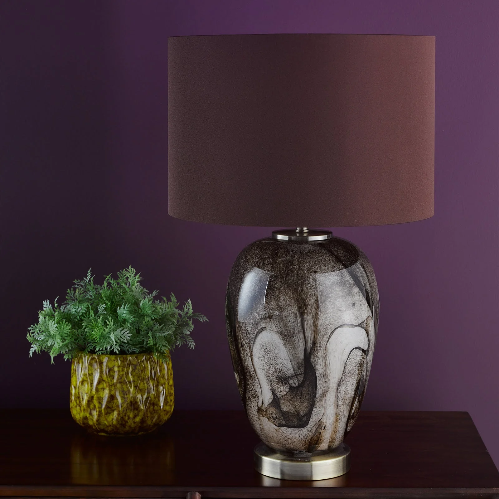 Egas Table Lamp Brown Marble Effect Glass and Antique Brass With Shade E27 - Image 6