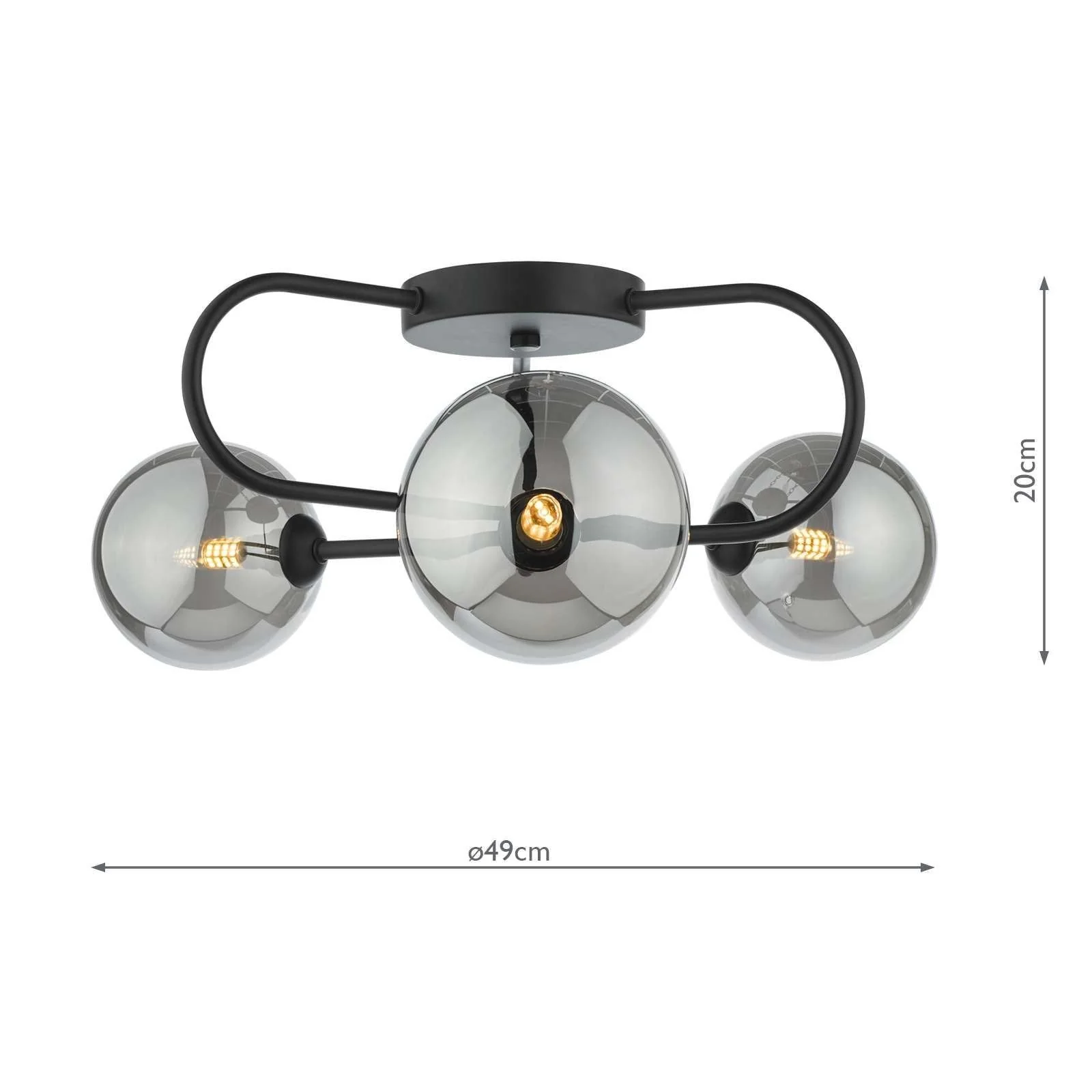 Eissa 3Lt Semi Flush Ceiling Light - Matt Black Smoked Glass Finish - Image 5