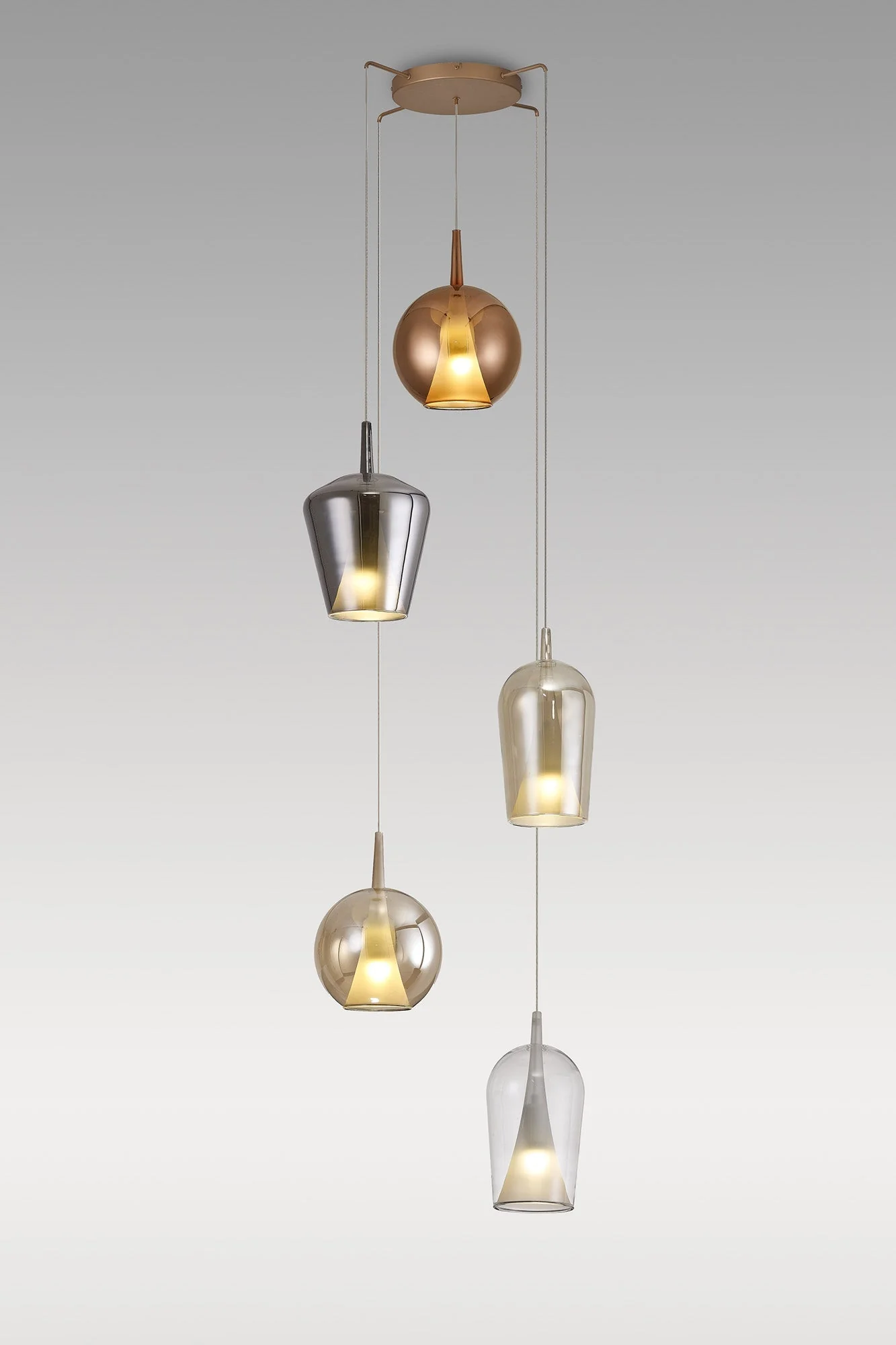 Elsa Pendant With Mixed Shades, 5 Light E27, Clear/Chrome/Bronze/Copper Glass With Frosted Inner Cone, Gold Frame - Image 2