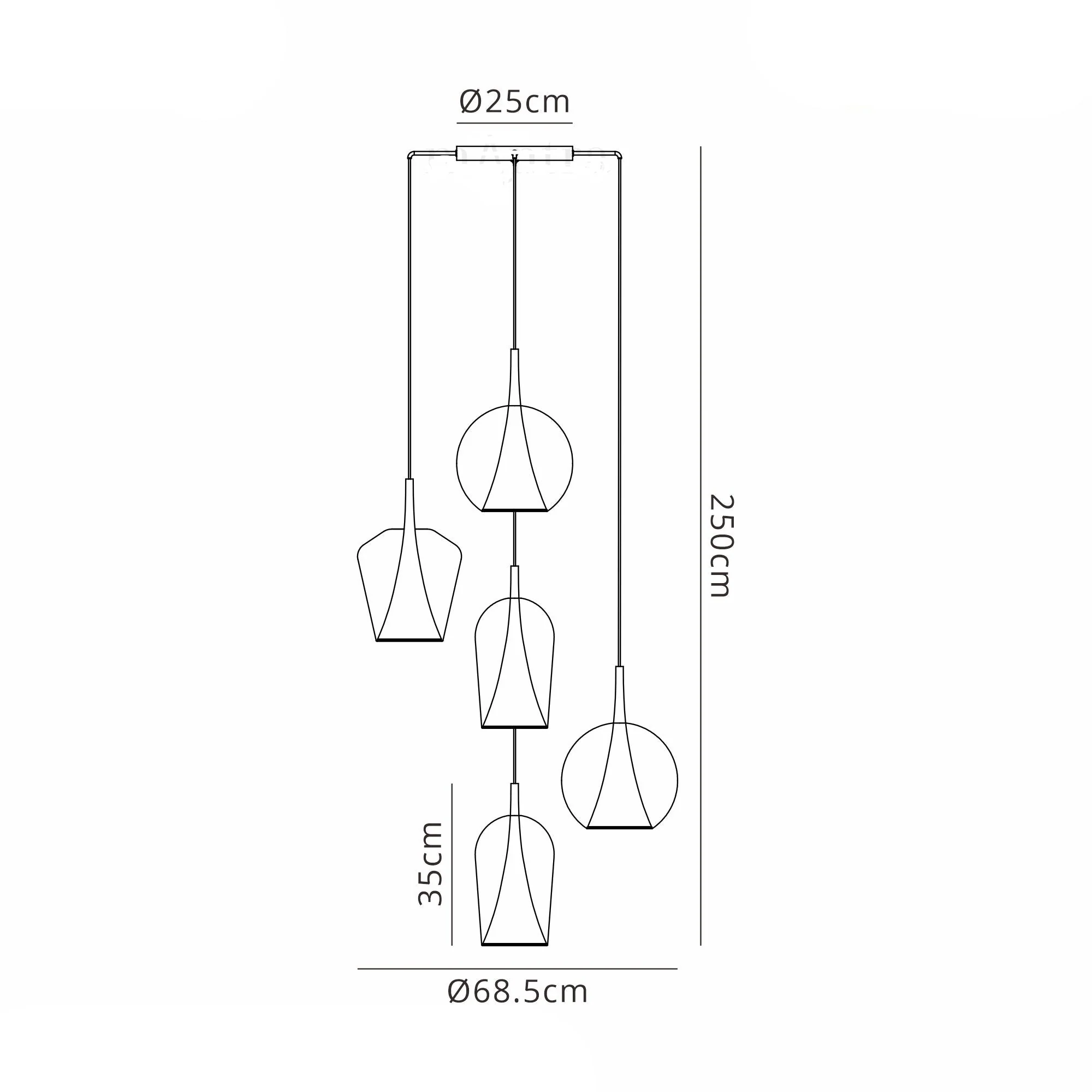 Elsa Pendant With Mixed Shades, 5 Light E27, Clear/Chrome/Bronze/Copper Glass With Frosted Inner Cone, Gold Frame - Image 7