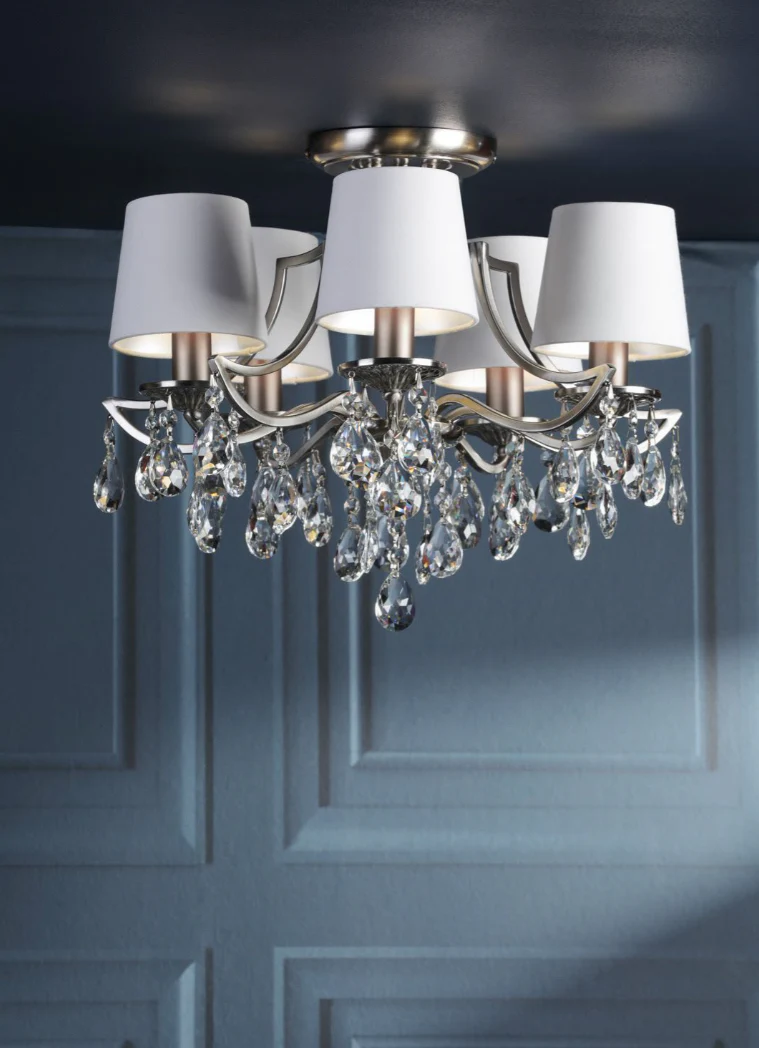 Enstone 5 Lt Semi-Flush Ceiling Light - Polished Nickel and Crystal With Shade - Image 5