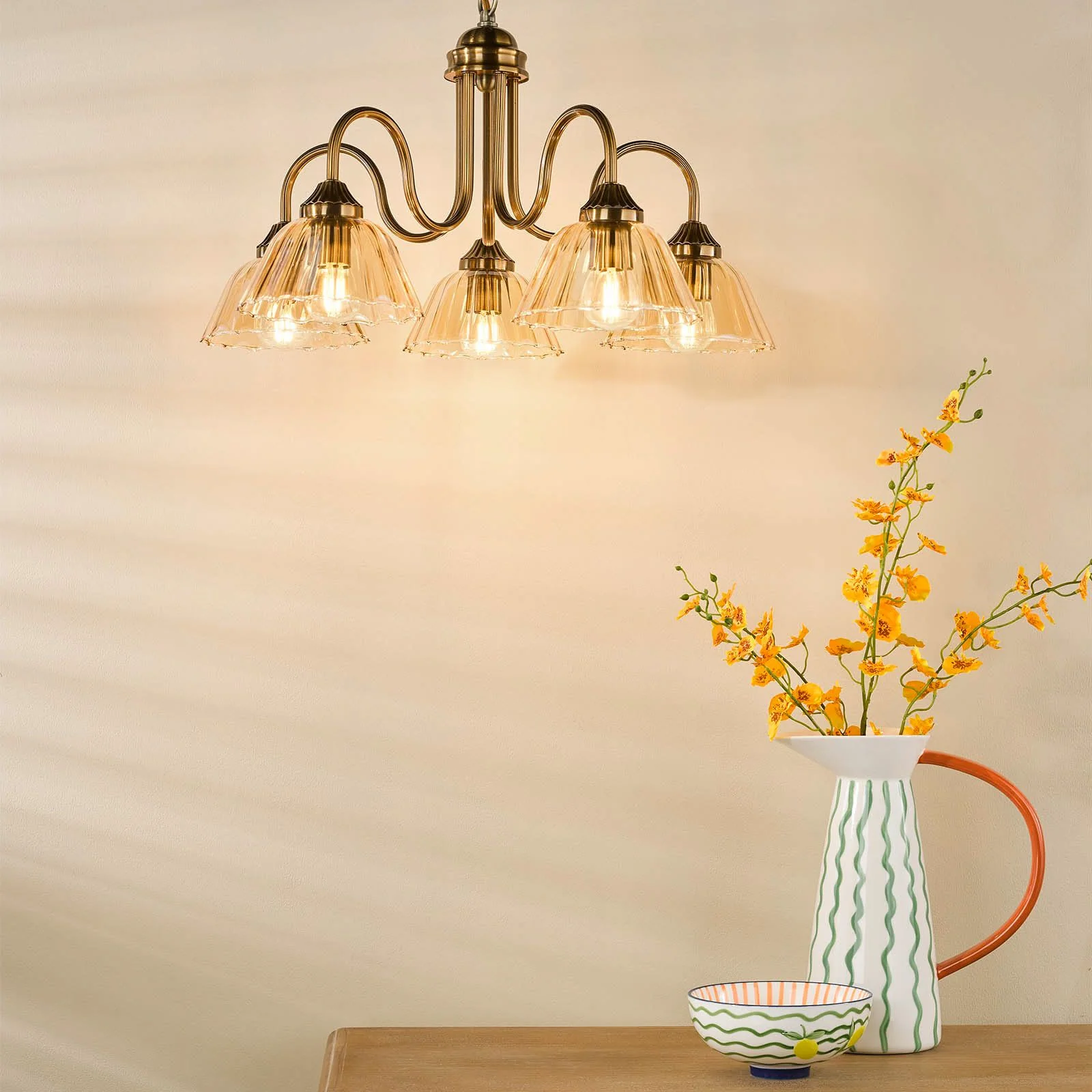Erika 5 Light Ceiling Light-  Antique Bronze and Amber Glass - Image 4