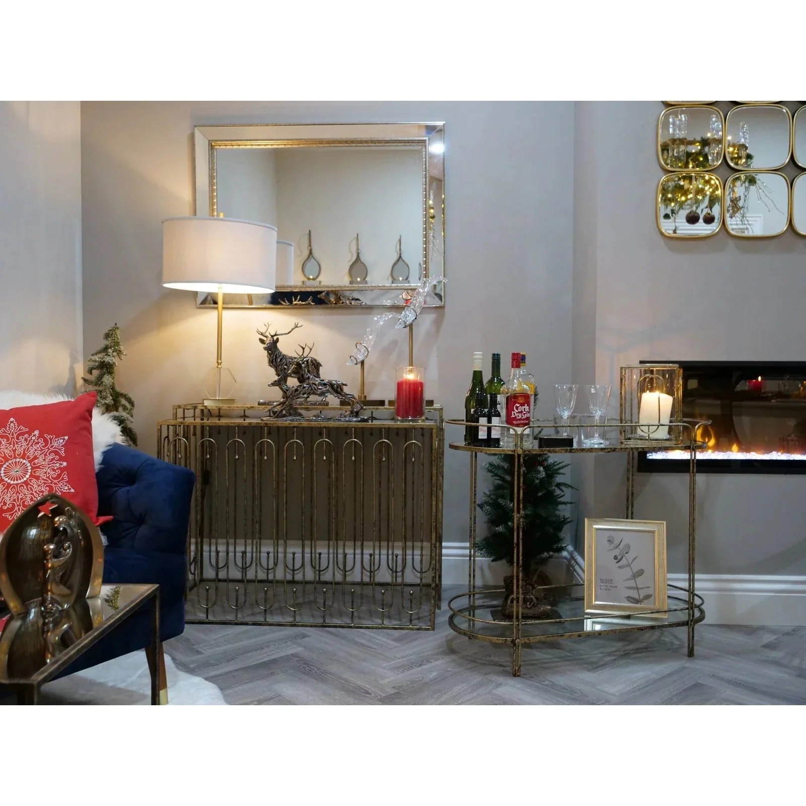 Estela Console Table Set of 2- Distressed Antique Gold & Mirrored Top Finish - Image 5