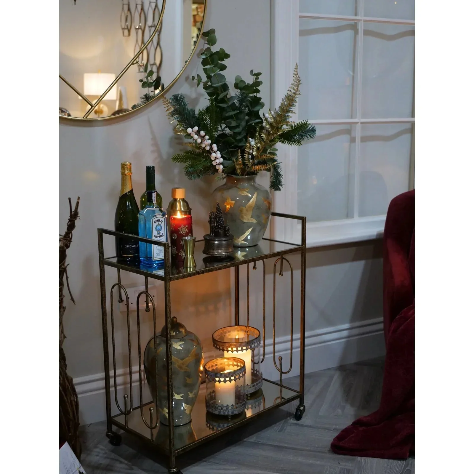 Estela Drinks Trolley - Distressed Gold & Mirrored Top Finish - Image 3