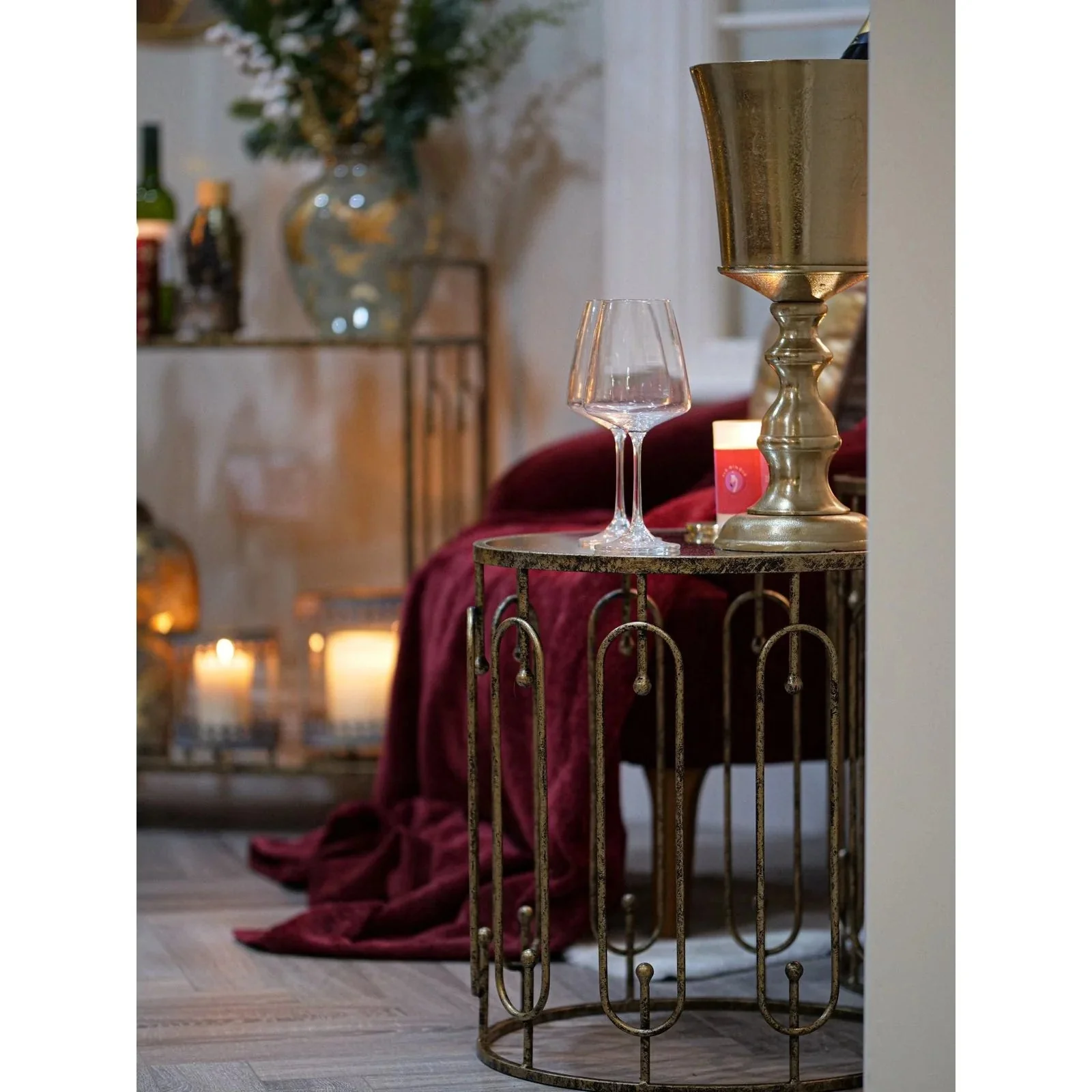 Estela Side Table Set of 2- Distressed Antique Gold & Marble/Mirror Finish - Image 3