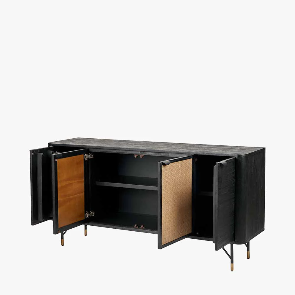 Fiji Black Acacia Wood and Natural Rattan 4 Door Sideboard - Image 3