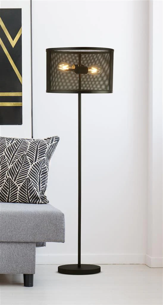 Fishnet 2Lt Floor Lamp - Matt Black Metal/Gold Metal & Mesh Shade E27 - Image 4