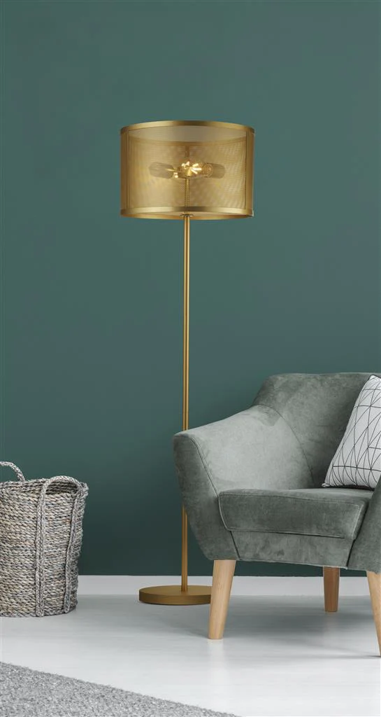 Fishnet 2Lt Floor Lamp - Matt Black Metal/Gold Metal & Mesh Shade E27 - Image 8