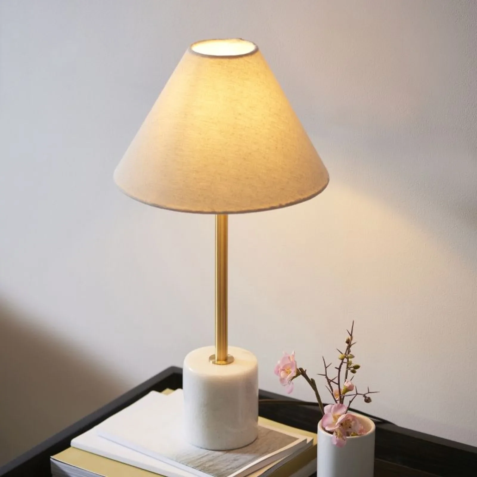 Fontaine Table Lamp- Brushed Aged Brass & White Marble with Natural Linen Shade - Image 2
