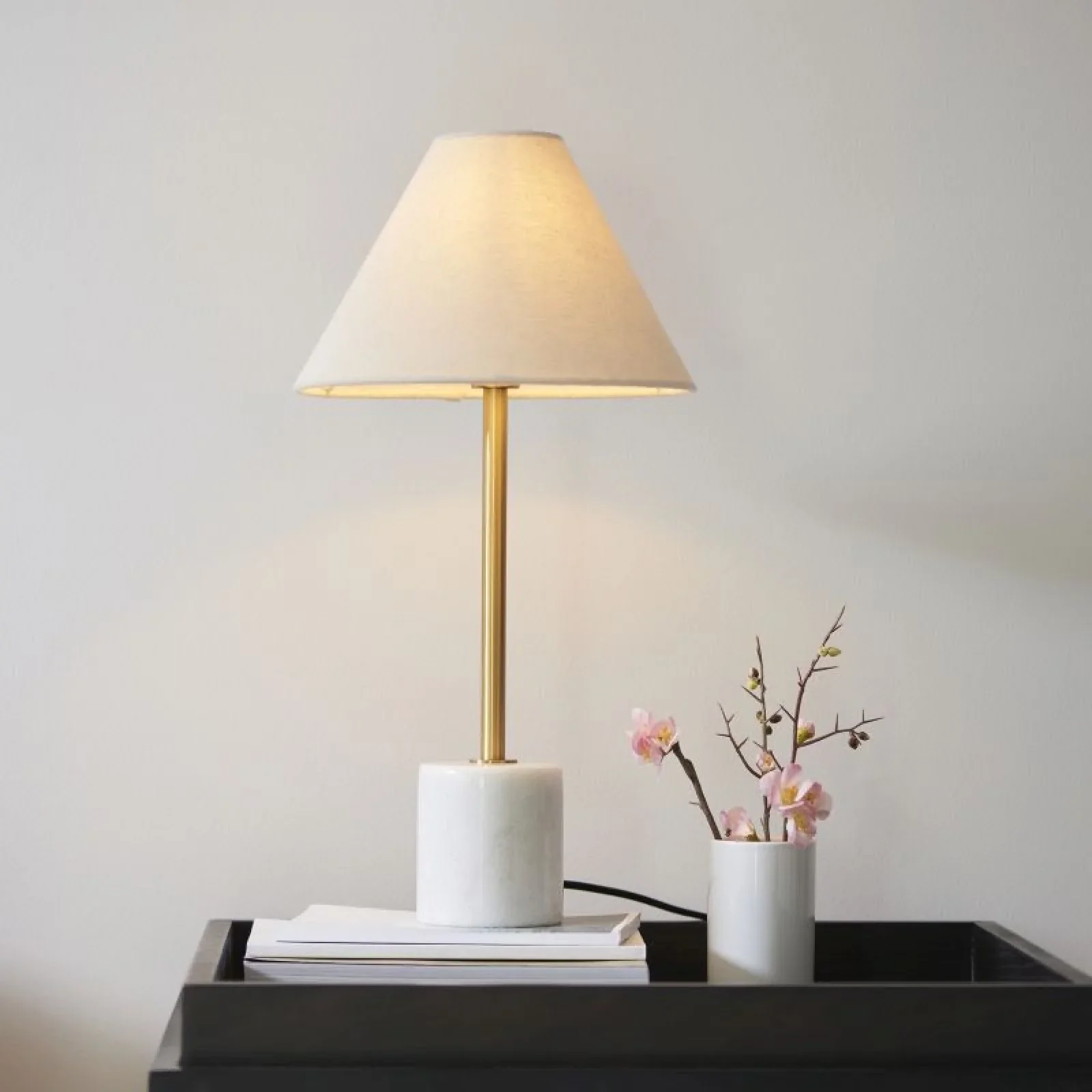 Fontaine Table Lamp- Brushed Aged Brass & White Marble with Natural Linen Shade - Image 4