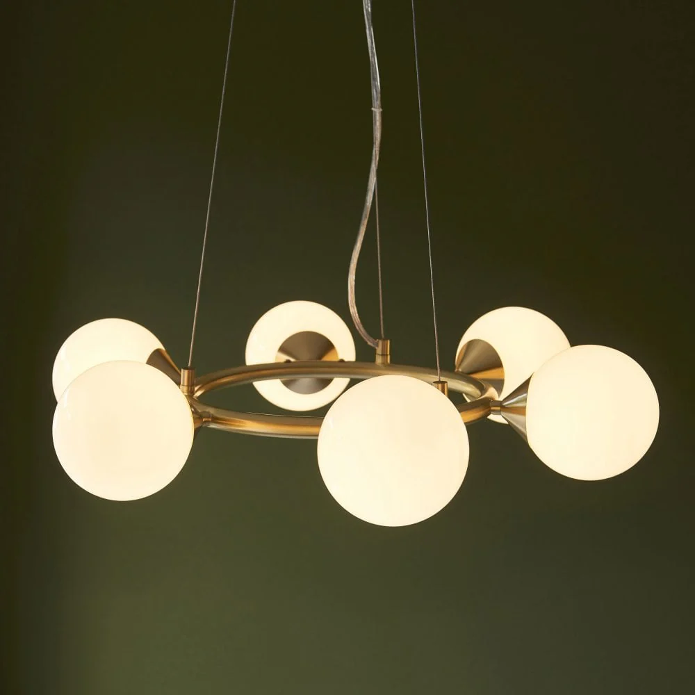Gallant 6/10Lt Ring Pendant- Brushed Brass with Gloss Opal Glass Shades - Image 4