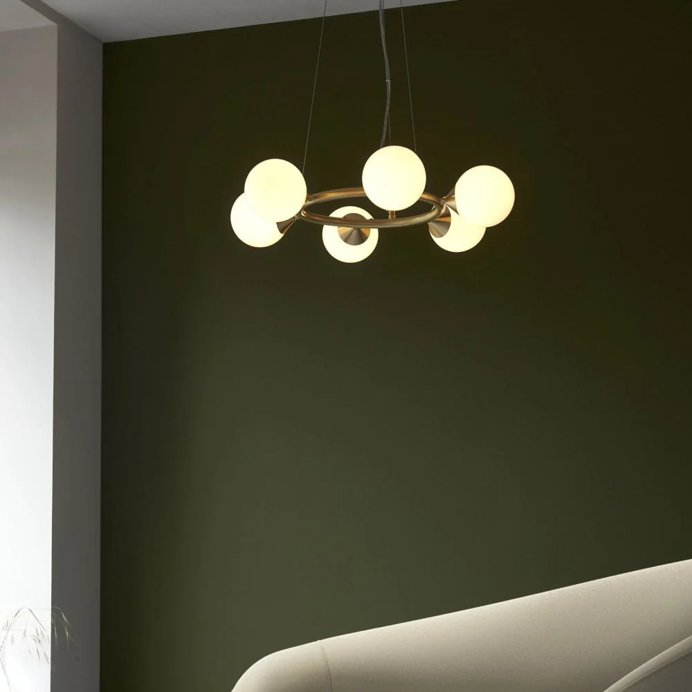 Gallant 6/10Lt Ring Pendant- Brushed Brass with Gloss Opal Glass Shades - Image 5