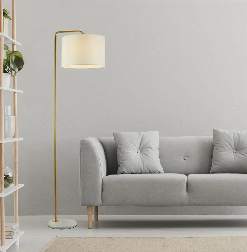 Gallow Floor Lamp-Antique Gold Metal, Marble & White Fabric E27 - Image 4