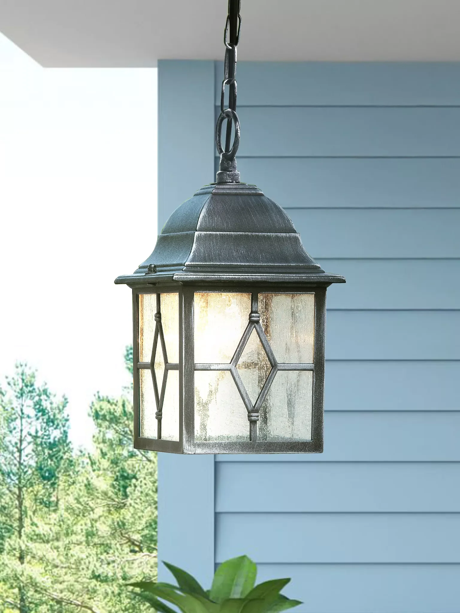 Genoa Outdoor Pendant - Black Silver Metal & Leaded Glass - Image 4